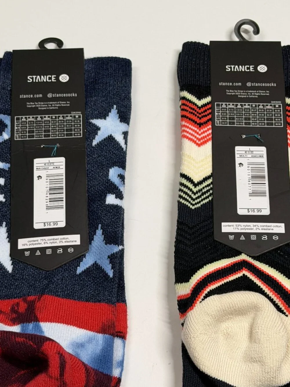 NWT Stance Crew Socks - USA Print - Modern Striped - Large - 2 Pair